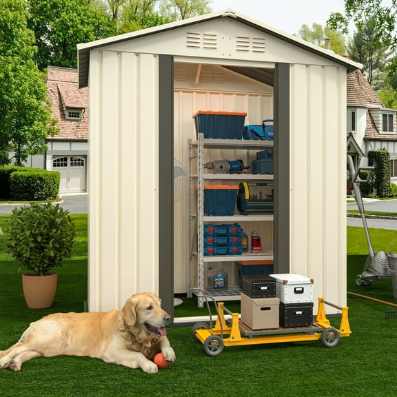 Outdoor Storage Sheds with Door 5FTx3FT Pent Roof Metal Garden Tool Storage for Backyard Beige