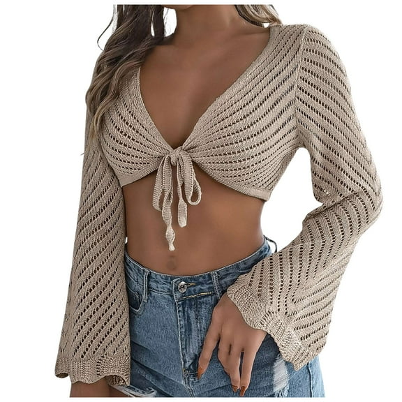 2025 Women's Solid Knot Open Navel Knitwear Holiday Top Spf Shirts for Women Long Sleeve Spf Shirts for Women Long Sleeve