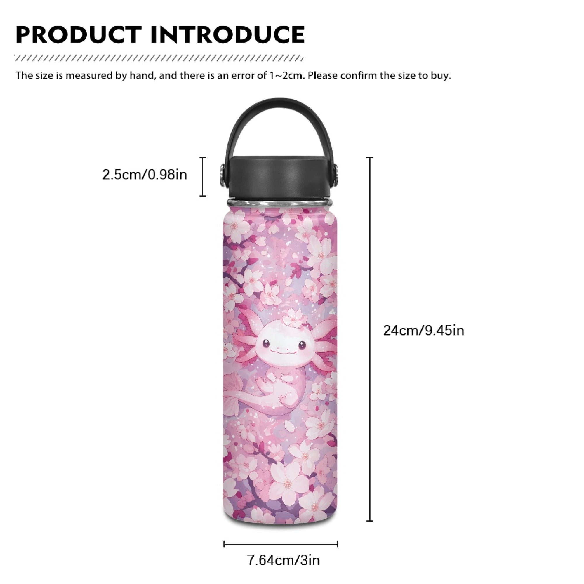 SEANATIVE Axolotl Water Bottles for Girls 18oz Cherry Blossom Leak Proof Double Walled Stainless Steel Gym Bottles for Men Women Insulated Water Bottle