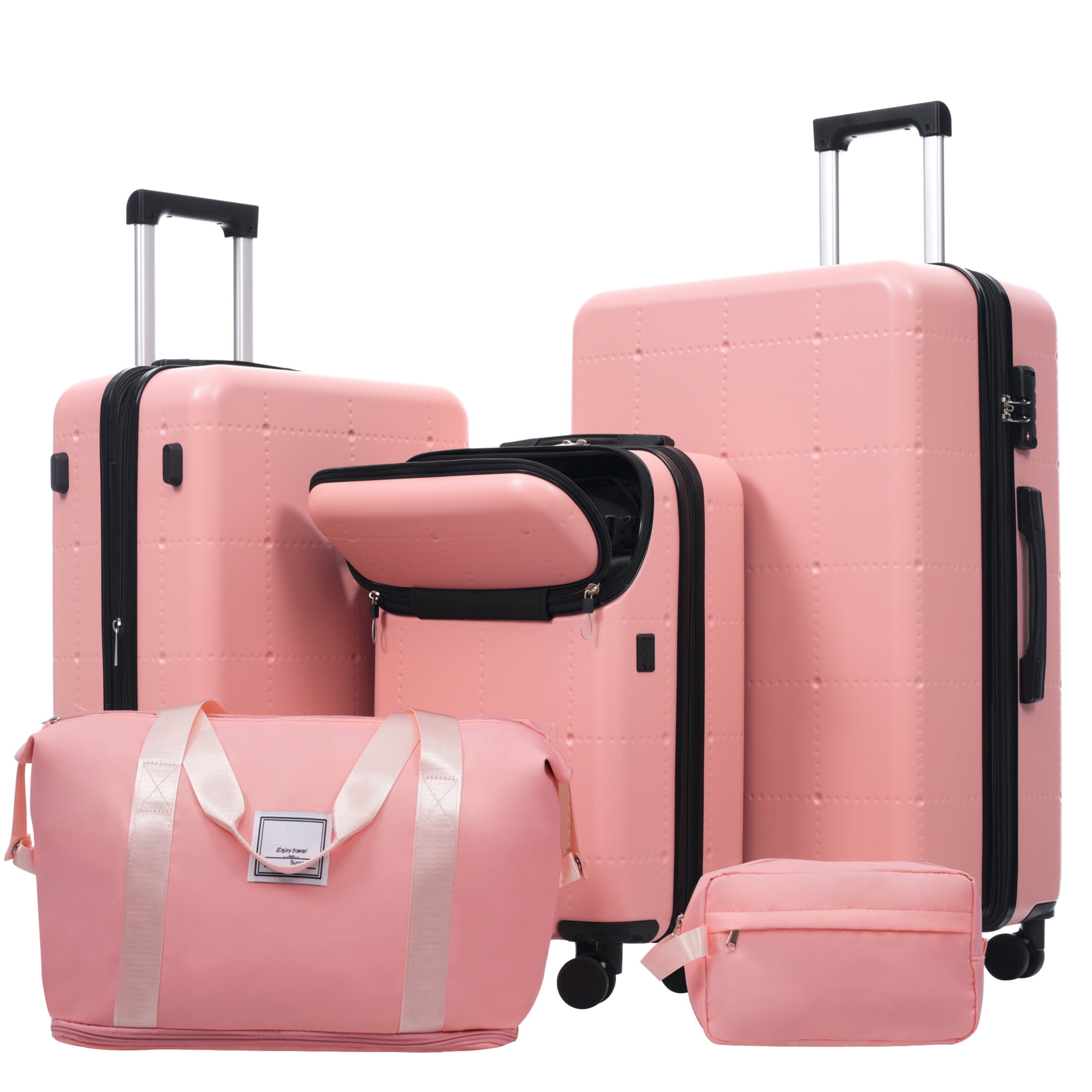 GDF Studio 5-Piece Hardside Luggage Set, Carry-On Suitcase with USB Port and Checked Bags, Spinner Wheels, Light Pink