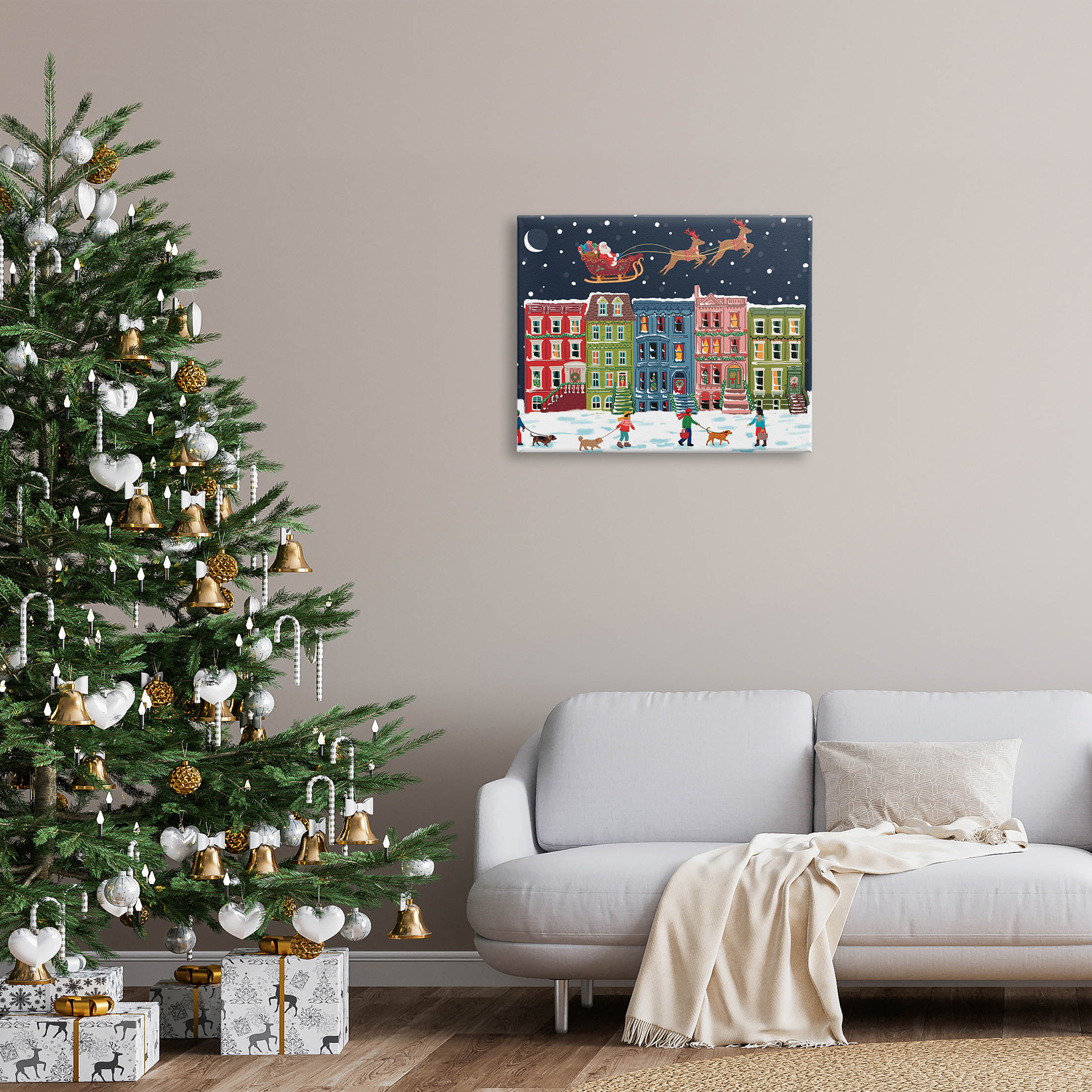 Snowy Christmas Town Santa Overhead Holiday Graphic Art Gallery Wrapped Canvas Print Wall Art