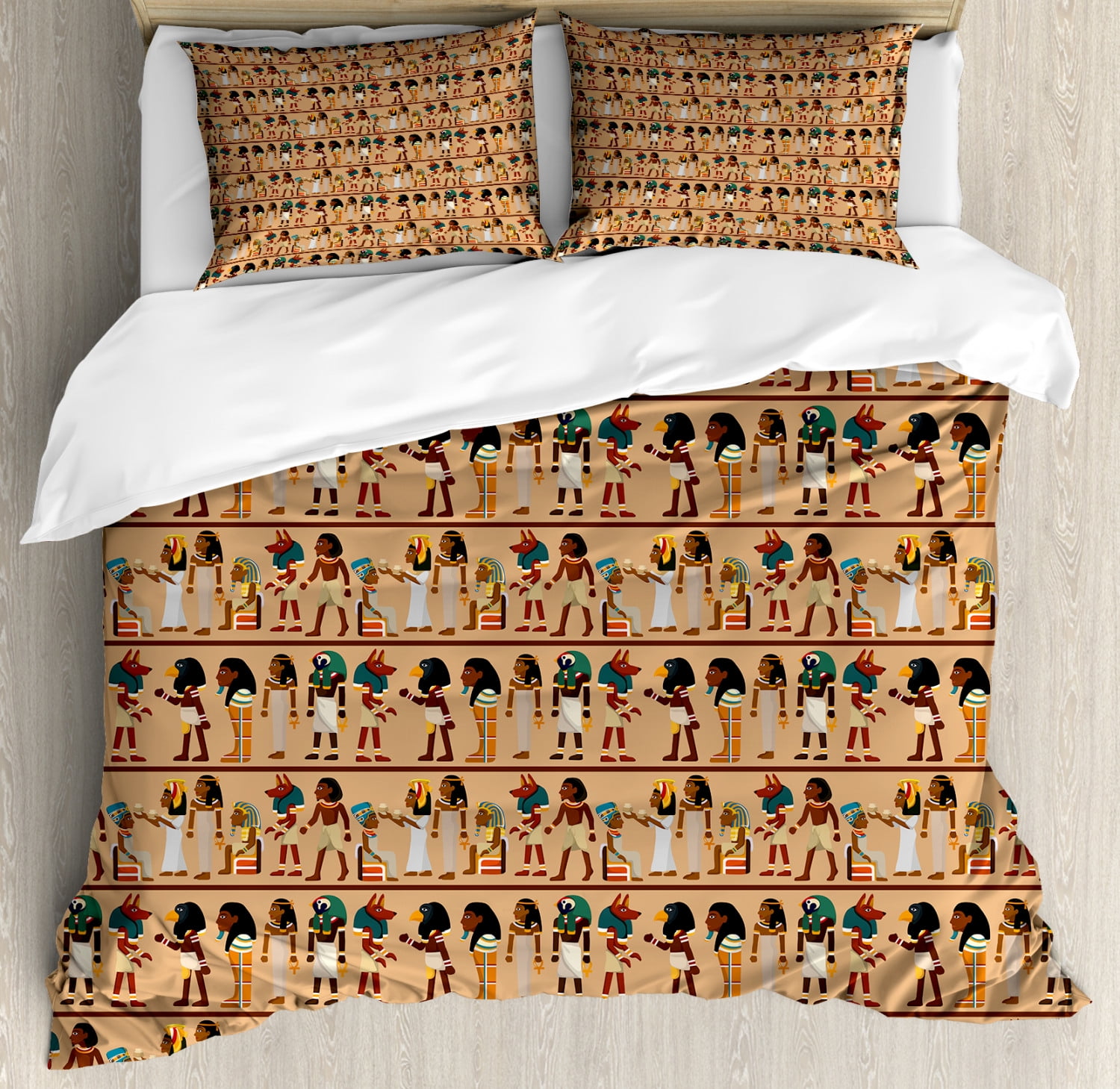 Egyptian Duvet Cover Set, Egyptology Theme Mythological Cartoon Characters Archeology History
