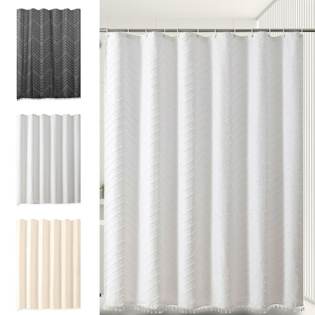 Vaidha Rideau de Douche en Tissu Boho Rideau de Salle de Bain avec Pompon Rideau de Bain en Tissu Texturé Ensemble de Rideau de Douche Moderne avec Crochets