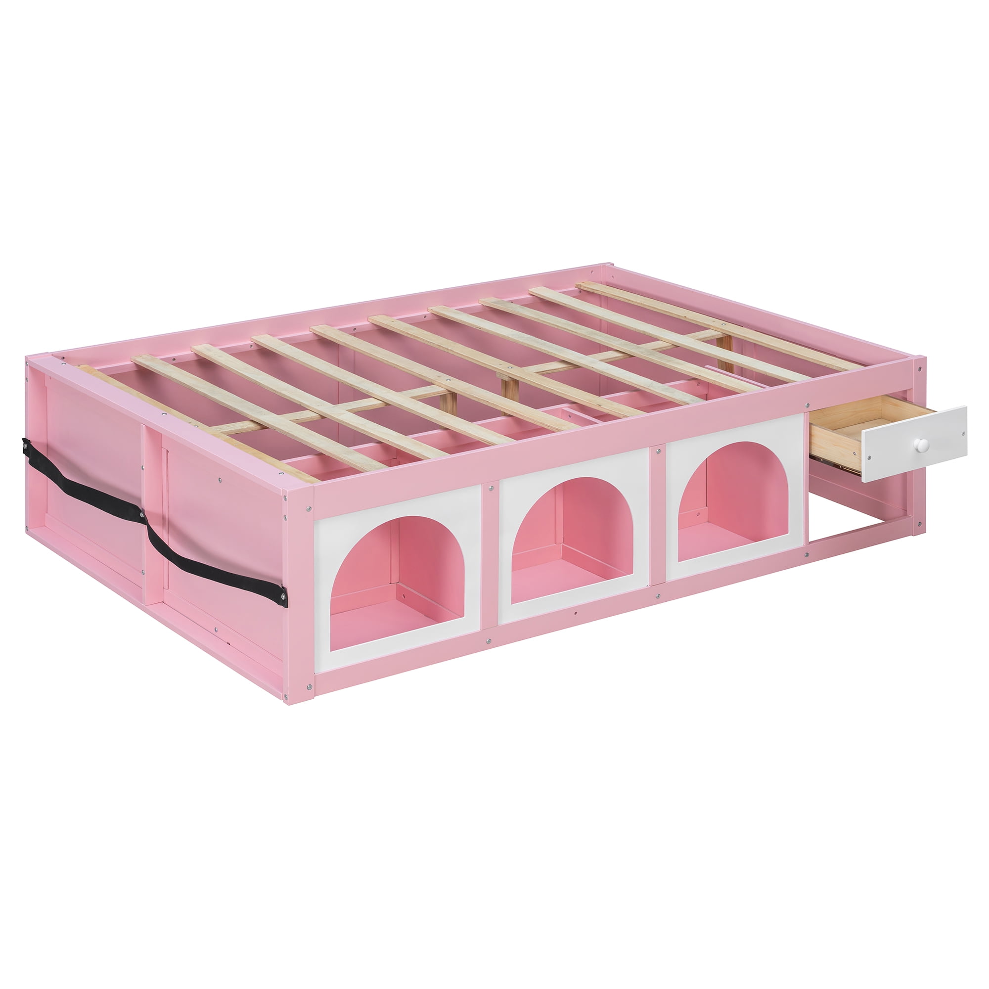Mintazer Full Platform Bed with Bookshelf and 3 Open Cubbies & Drawer, Wooden Bed Frame with LED Light for Kids Bedroom, Pink & White