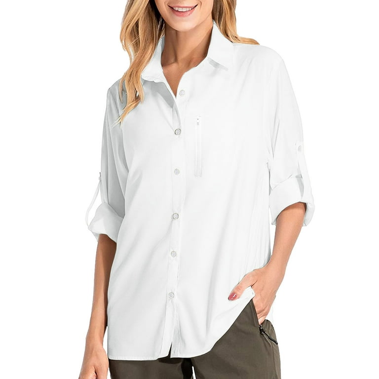 CLZOUD Shirts for Women Dressy Casual White Polyester Womens Shirts UPF 50+  Sun Long Sleeve Outdoor Cool Quick Dry Fishing Hiking Shirt M