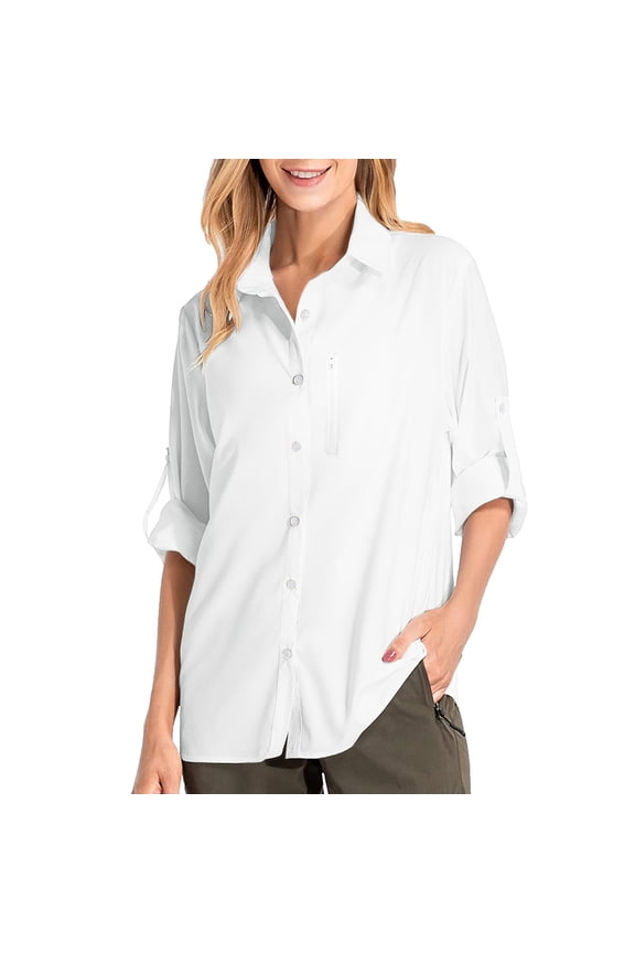 Button Down Shirts for Women Casual Long Sleeve UPF 50+ Sun Outdoor Cool Quick Dry Fishing Hiking Shirt Blouse Tops White S