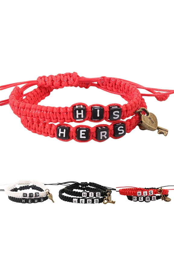 2 Pcs/Set HIS HERS Letter Lock Key Charm Handmade Woven Couple Bracelet Bangle