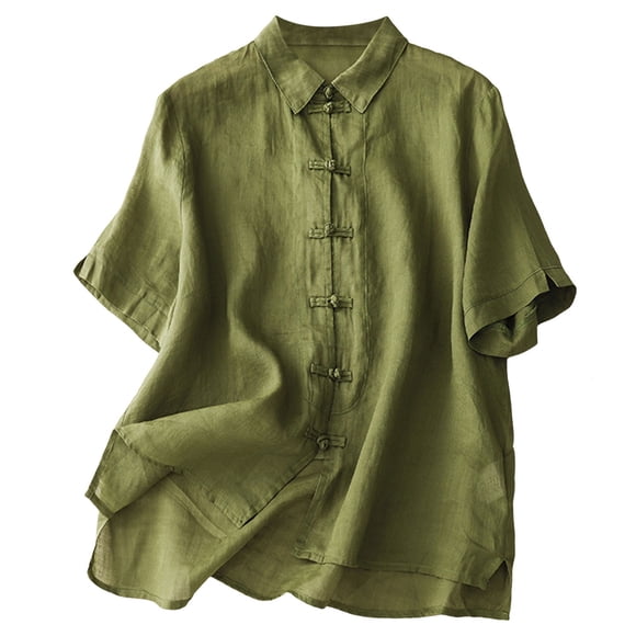 felwors Women Chinese Button Blouse Vintage Cotton Short Sleeve Collared Shirts Traditional Tang Tai Chi Blouse Green L
