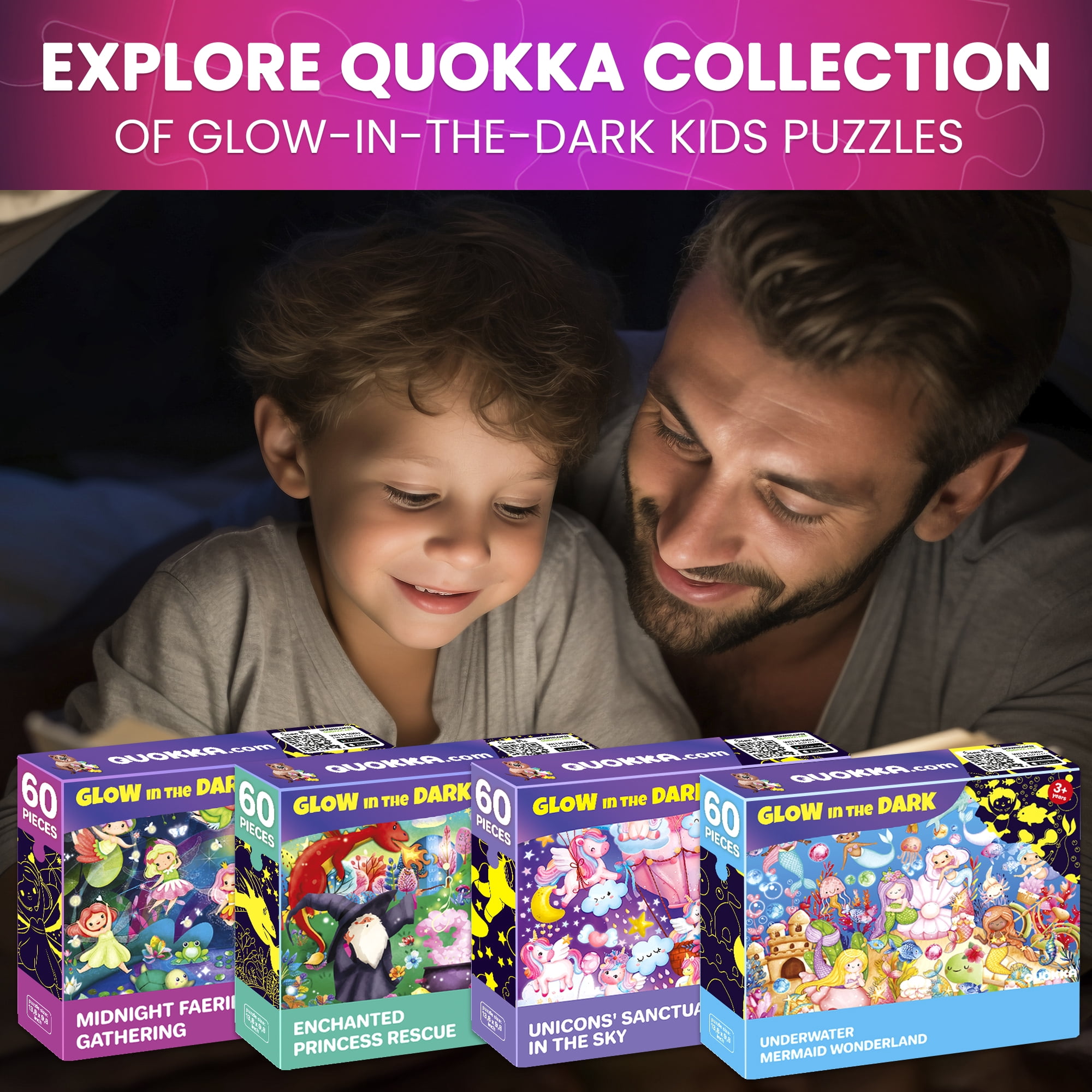 QUOKKA Glow-in-the-Dark Jigsaw Puzzles – 4 Set 60-Piece - Fairy Tale Heroes Puzzle for Kids Ages 3-8