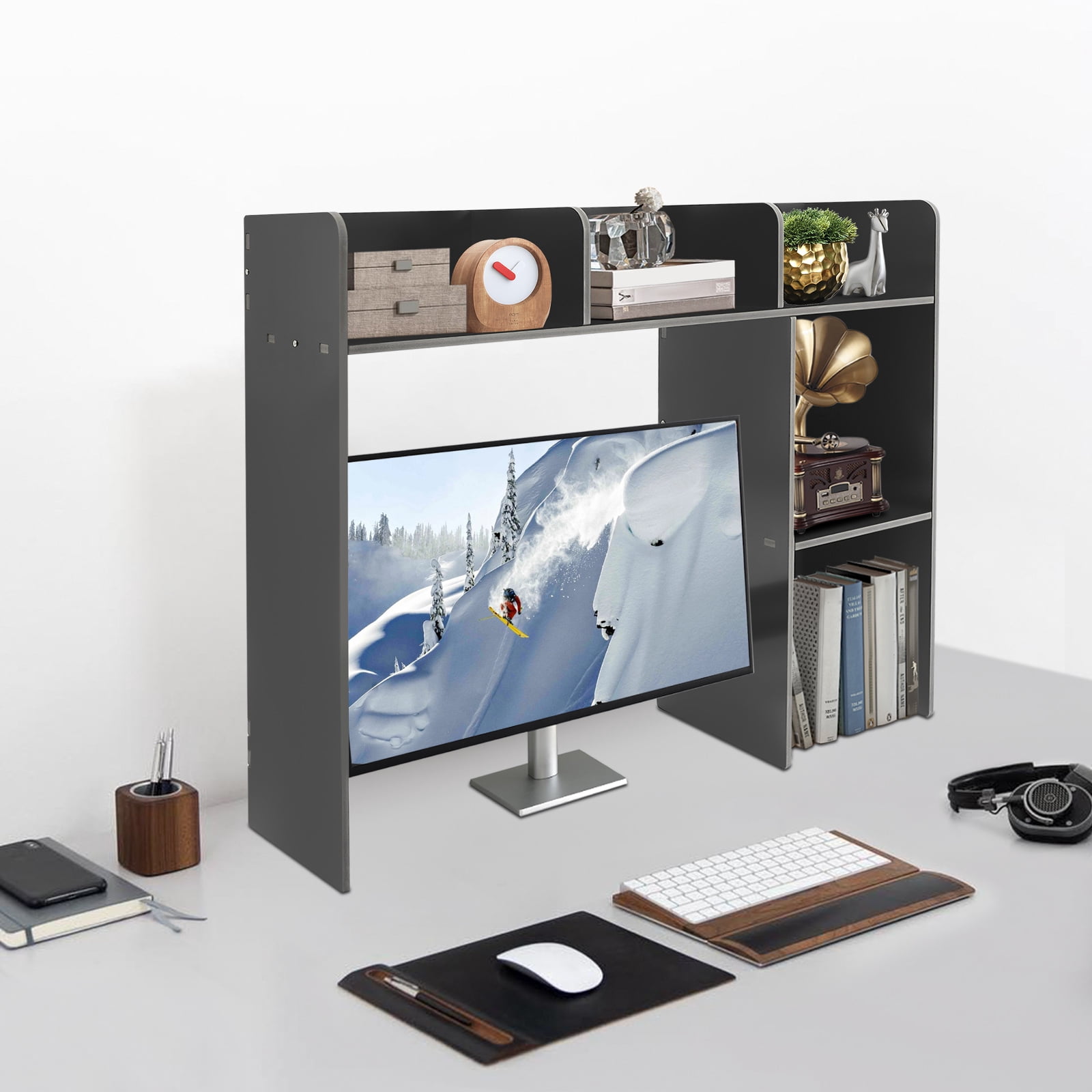 Modern Desktop Storage Organizer, Desktop Bookshelf Holder Computer Rack Desk Organizer (Black)