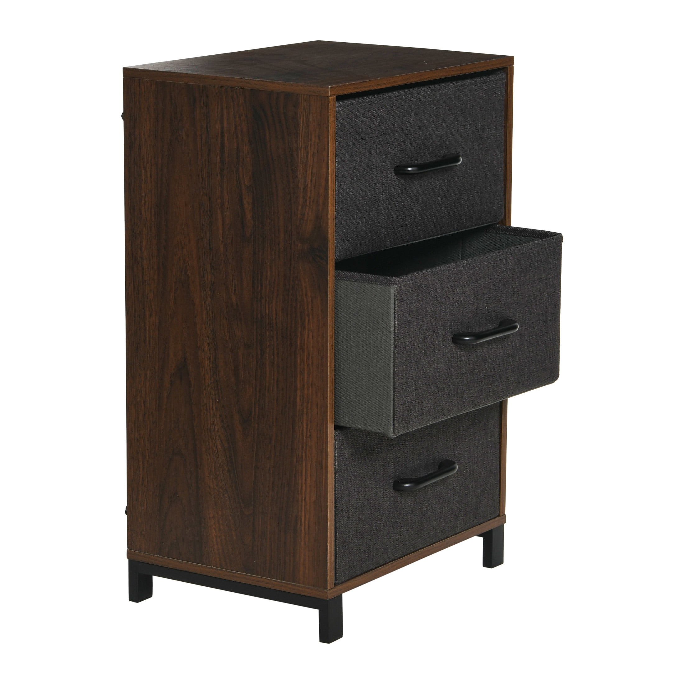 Household Essentials Dresser Nightstand Chest of Drawers Mid Century Walnut Wood Grain with 3 Dark Grey Strorage Drawers