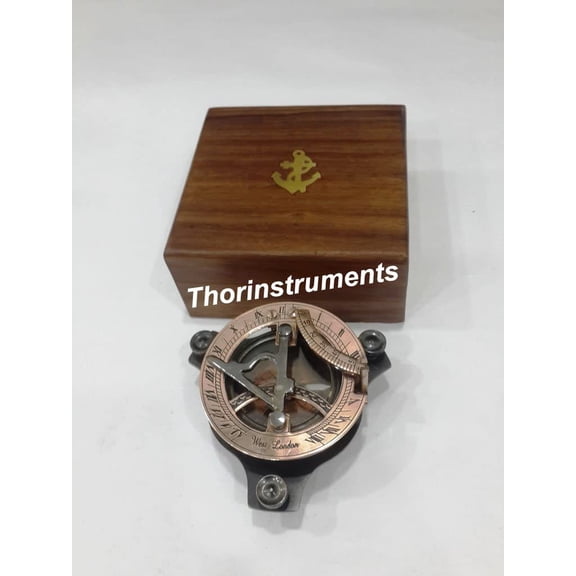Nautical Two Ton Finish Marine Brass Sundial Compass Leather Case Decor Gift