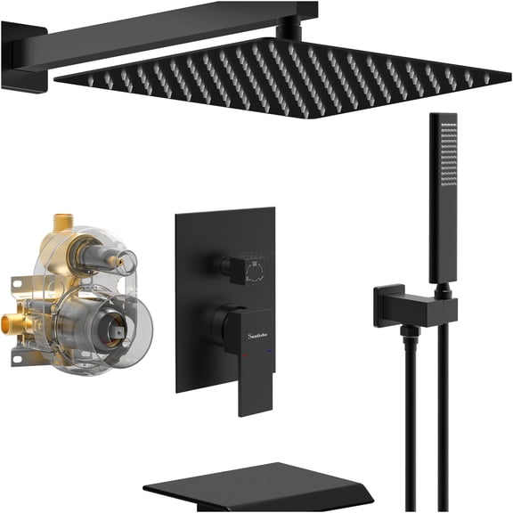 JERFIT Matte Black Rain Shower System with Waterfall Tub Filler, 10 Inch Square Rainfall Shower Head Combo, 3-Function Shower Faucet Set with Handheld Sprayer, Wall Mounted Black Bathroom Fixtures