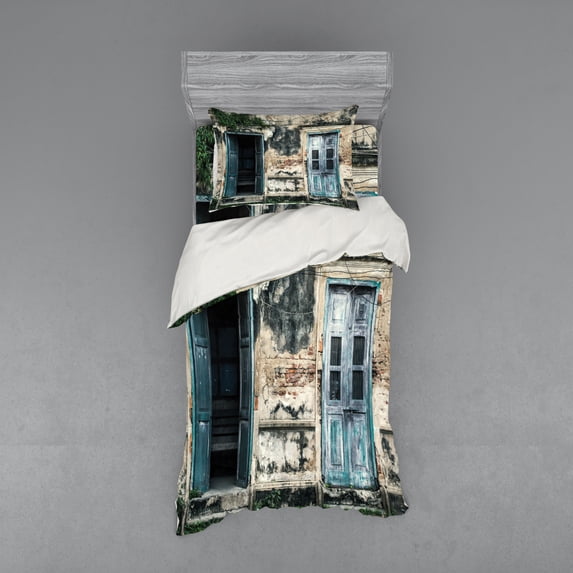 Ambesonne Rustic Bedding Set 3 Pcs, Doors of Old Rock House, Twin, Teal Grey