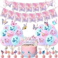 thumbnail image 5 of Decoración para fiesta de cumpleaños con mariposas moradas y rosas, vajilla con temática de mariposas, vasos de papel, platos, globos, suministros para fiestas para niñas, 5 of 5
