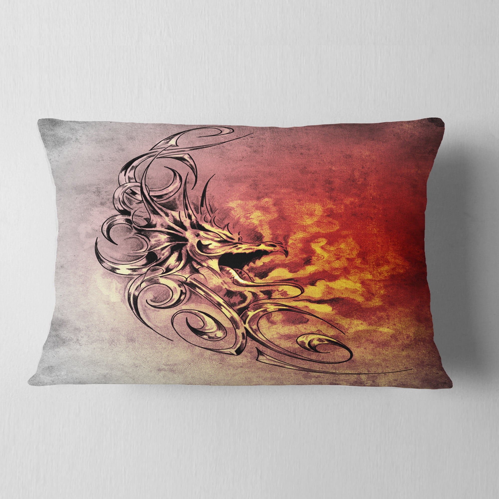 Designart Medieval Dragon Tattoo Sketch - Abstract Throw Pillow - 12x20