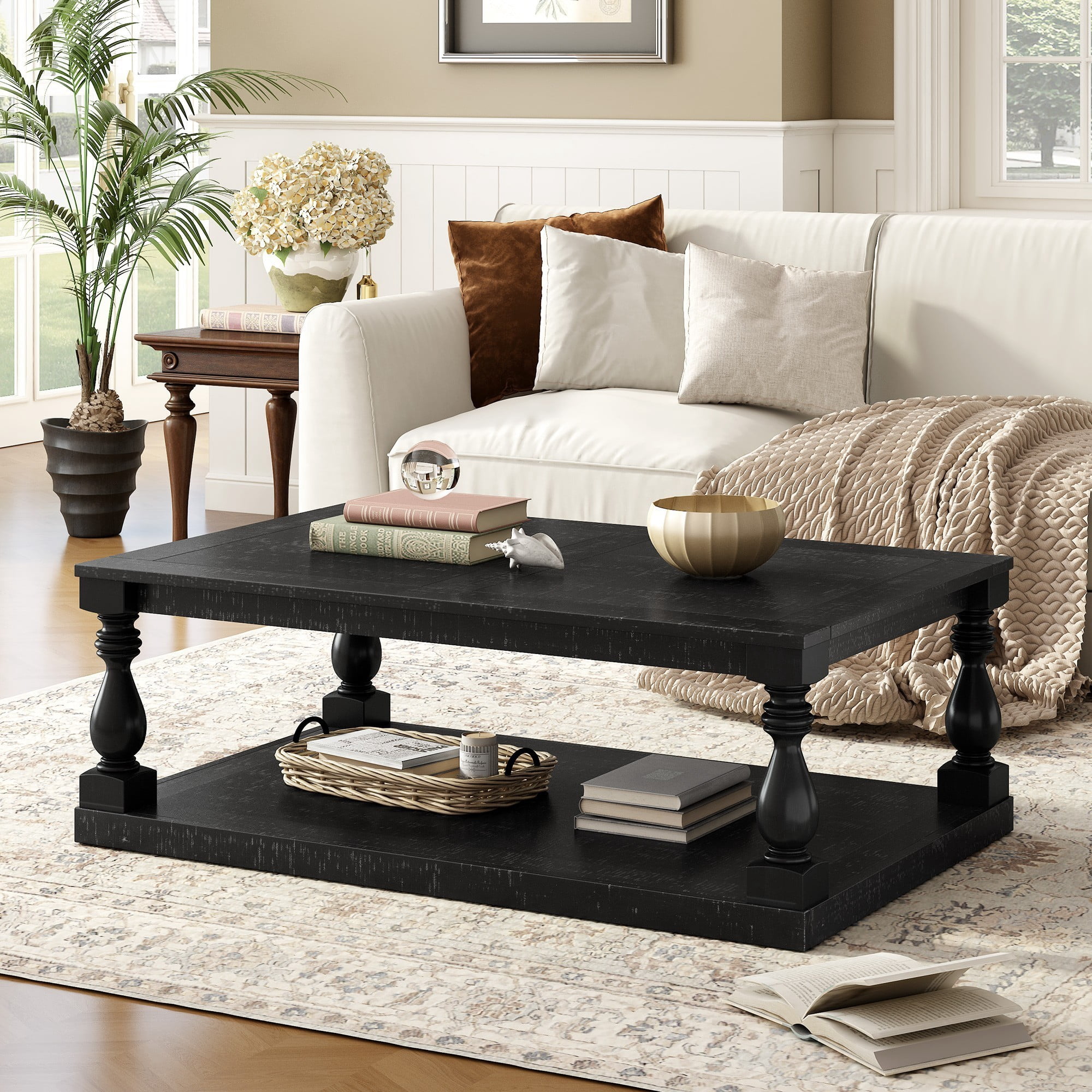 Vintage Coffee Table with Vase Column Legs, Wood Coffee Table with Pine Veneer Top, Decorative Center Table for Living Room Study Room, Black