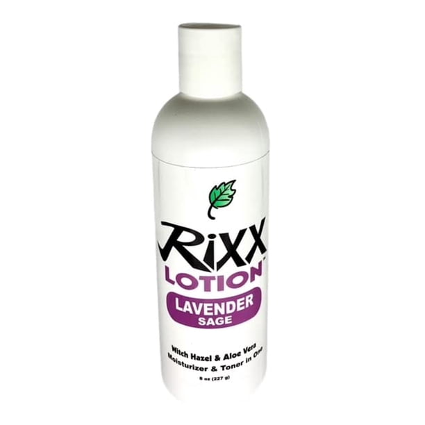 Mezcla de hierbas naturales Rixx Lotion Lavender Sage (gorra deportiva) con hamamelis, aloe vera, manteca de karité, ácido hialurónico y aceites esenciales. Hidratante y tónico cutáneo para rostro y c