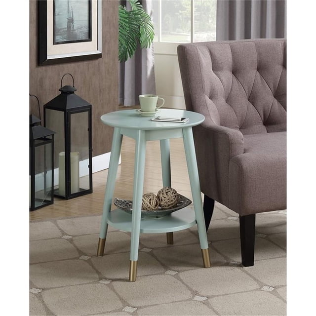 Wilson Mid-Century Round End Table with Bottom Shelf in Sea Foam Green Wood