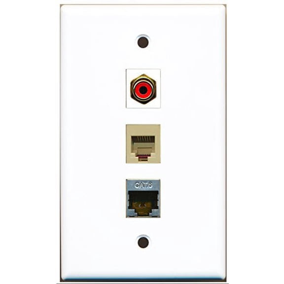 RiteAV - 1 Port RCA Red and 1 Port Phone RJ11 RJ12 Beige and 1 Port Shielded Cat6 Ethernet Wall Plate