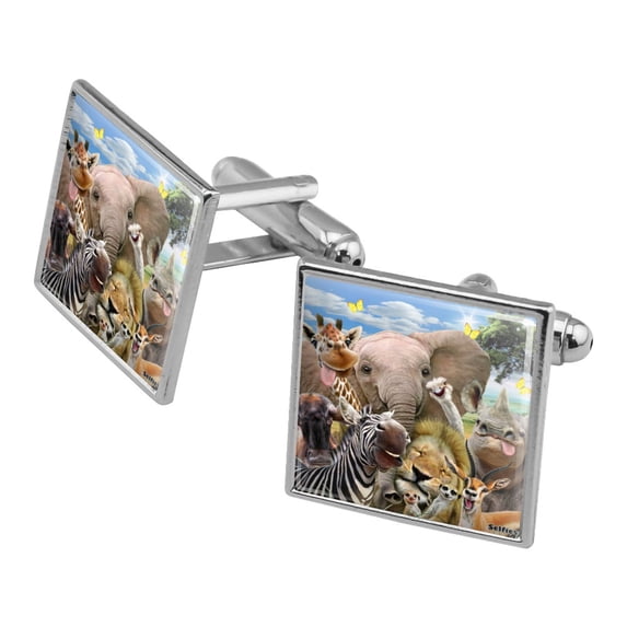 Africa Animals Selfie Giraffe Elephant Lion Zebra Square Cufflink Set - Silver or Gold