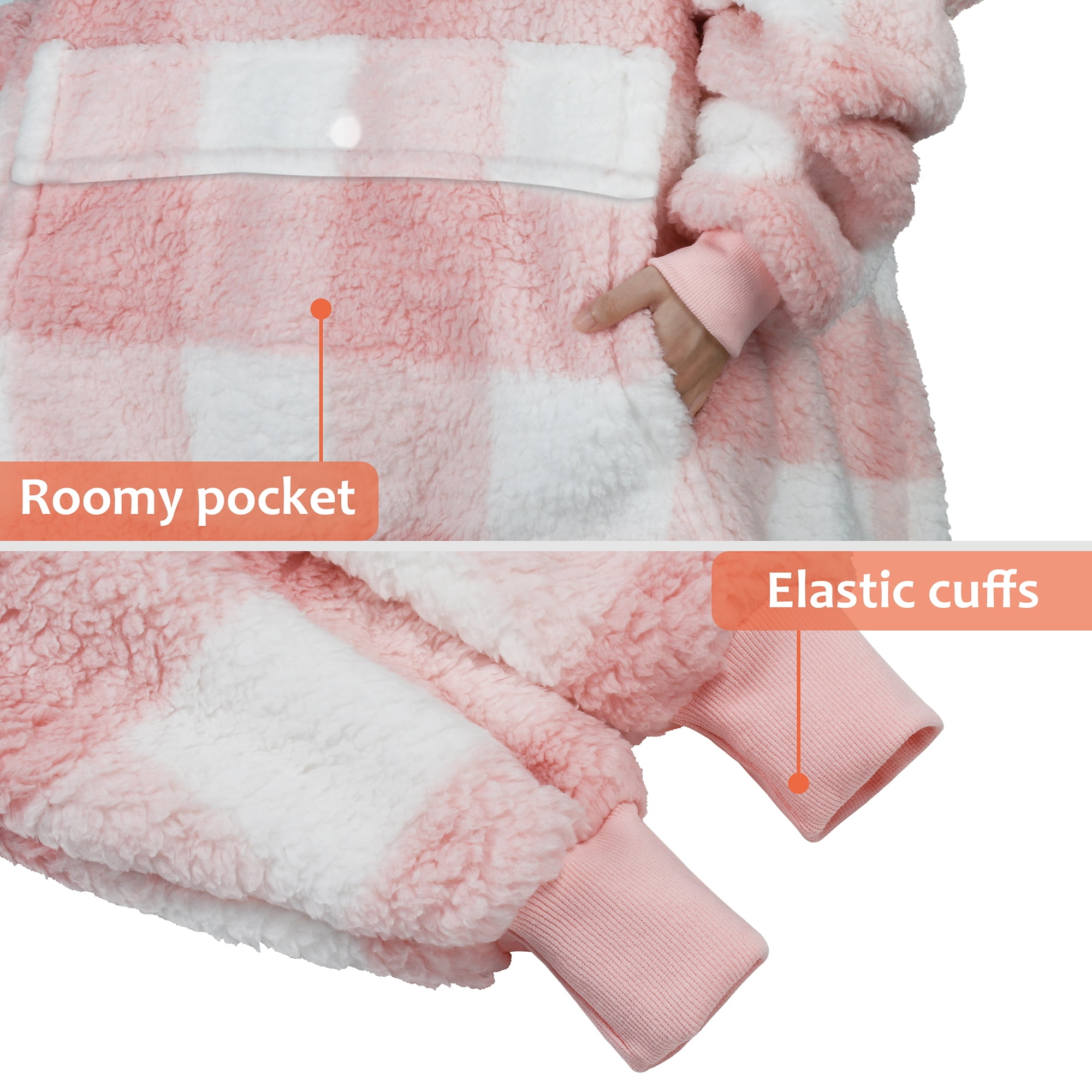 Catalonia Pink Plaid Oversized Wearable Blanket Hoodie Sweatshirt, Comfortable Sherpa Lounging Pullover for Adults Men Women Wife Girlfriend, Gift for Her