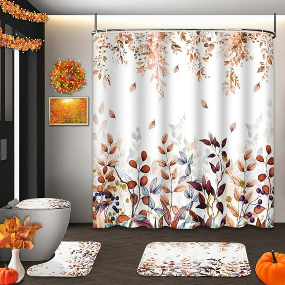 Halloween Pumpkin Shower Curtain Set with Toilet Lid Cover and Non-Slip Rugs, Ghost Cat Skull Cute Fall 4 Pcs Shower Curtains for Bathroom, Trick Treat Bathroom Decor Accessories Set