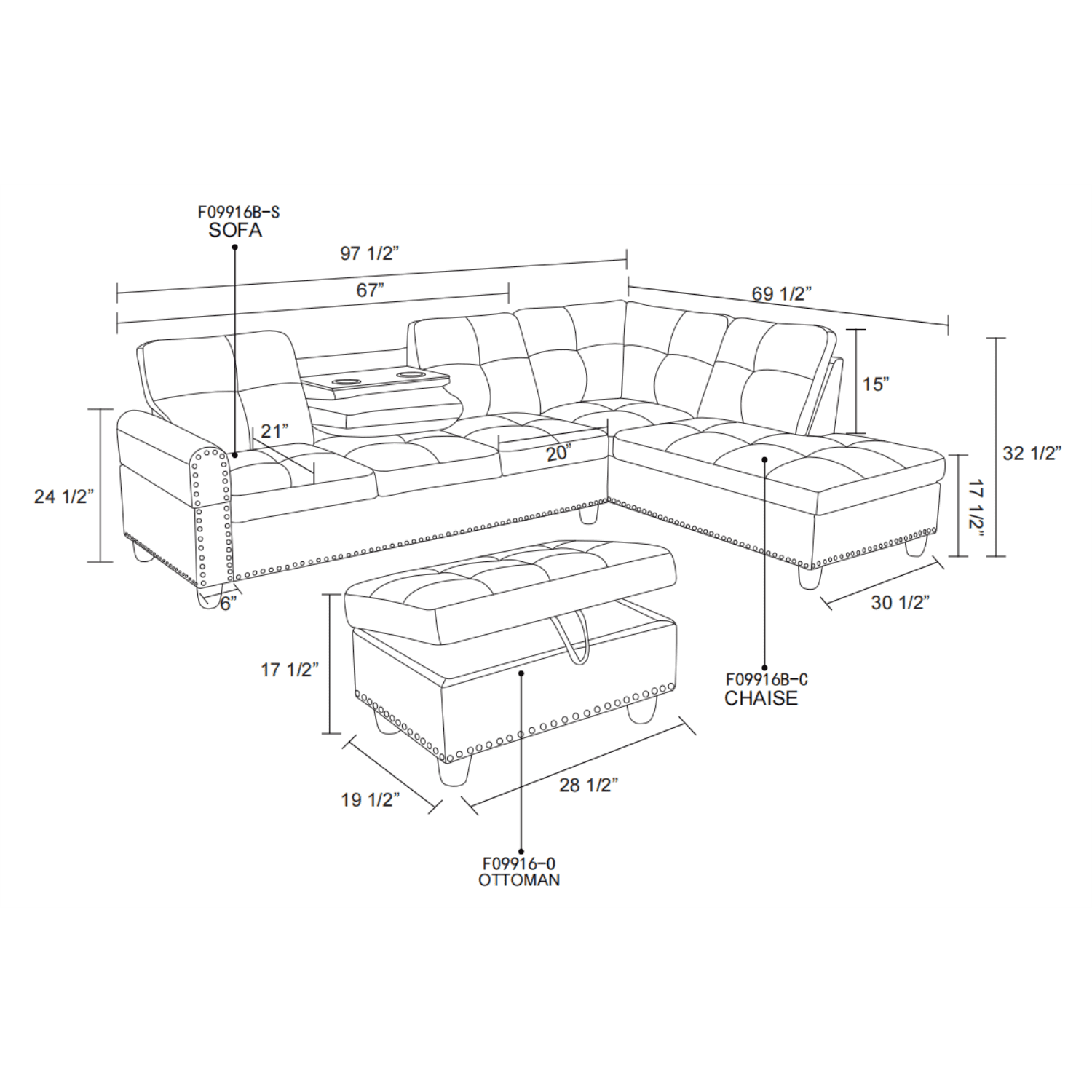 Hommoo Sofa Set, Faux Leather Synthetic Leather 2-Piece Sofa Set,L-Shaped Sectional Couch Set with Left Armrest for Living Room，Brown（No Ottoman）