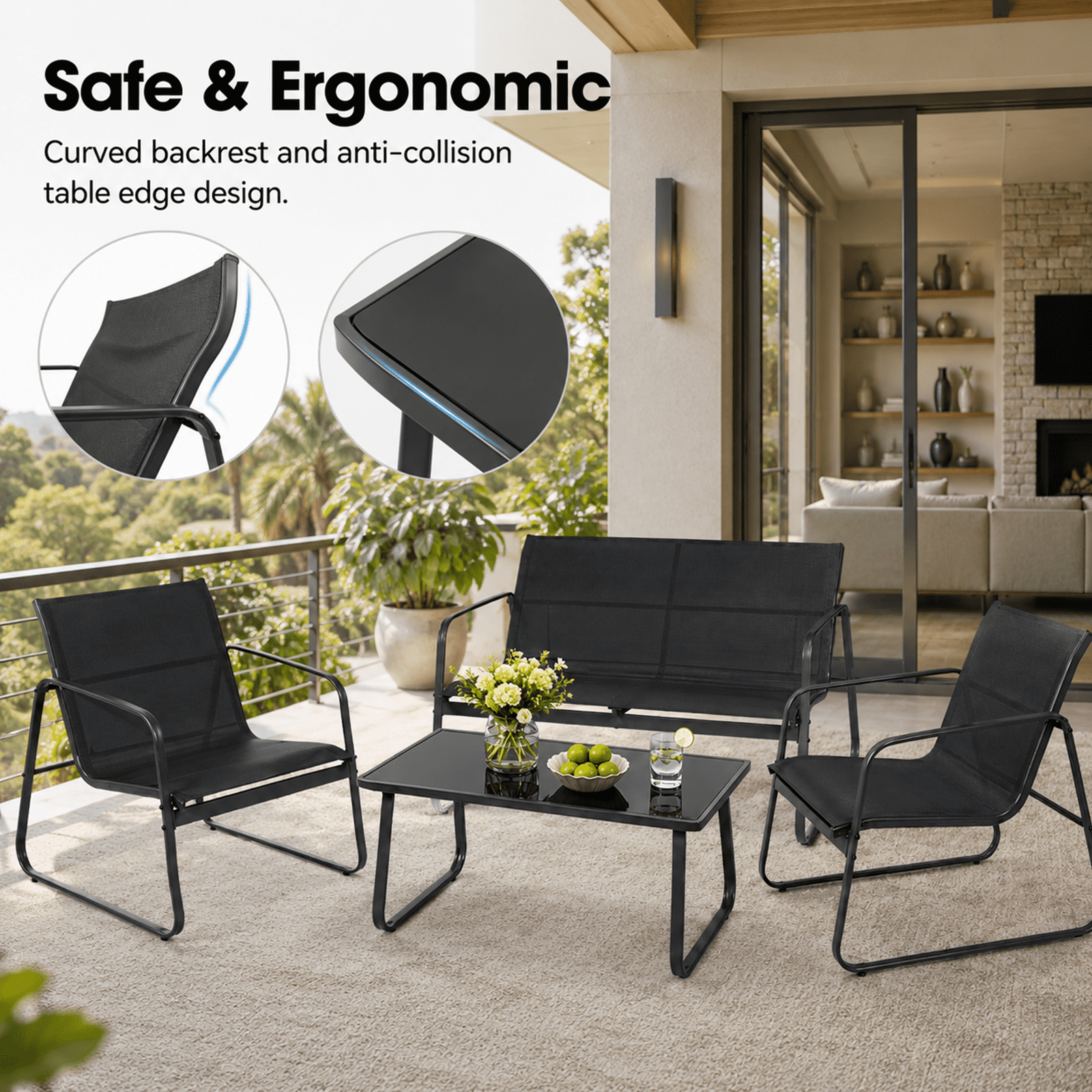 Alvantor 4-Piece Patio Conversation Set with Glass Table, Loveseat, and Chairs