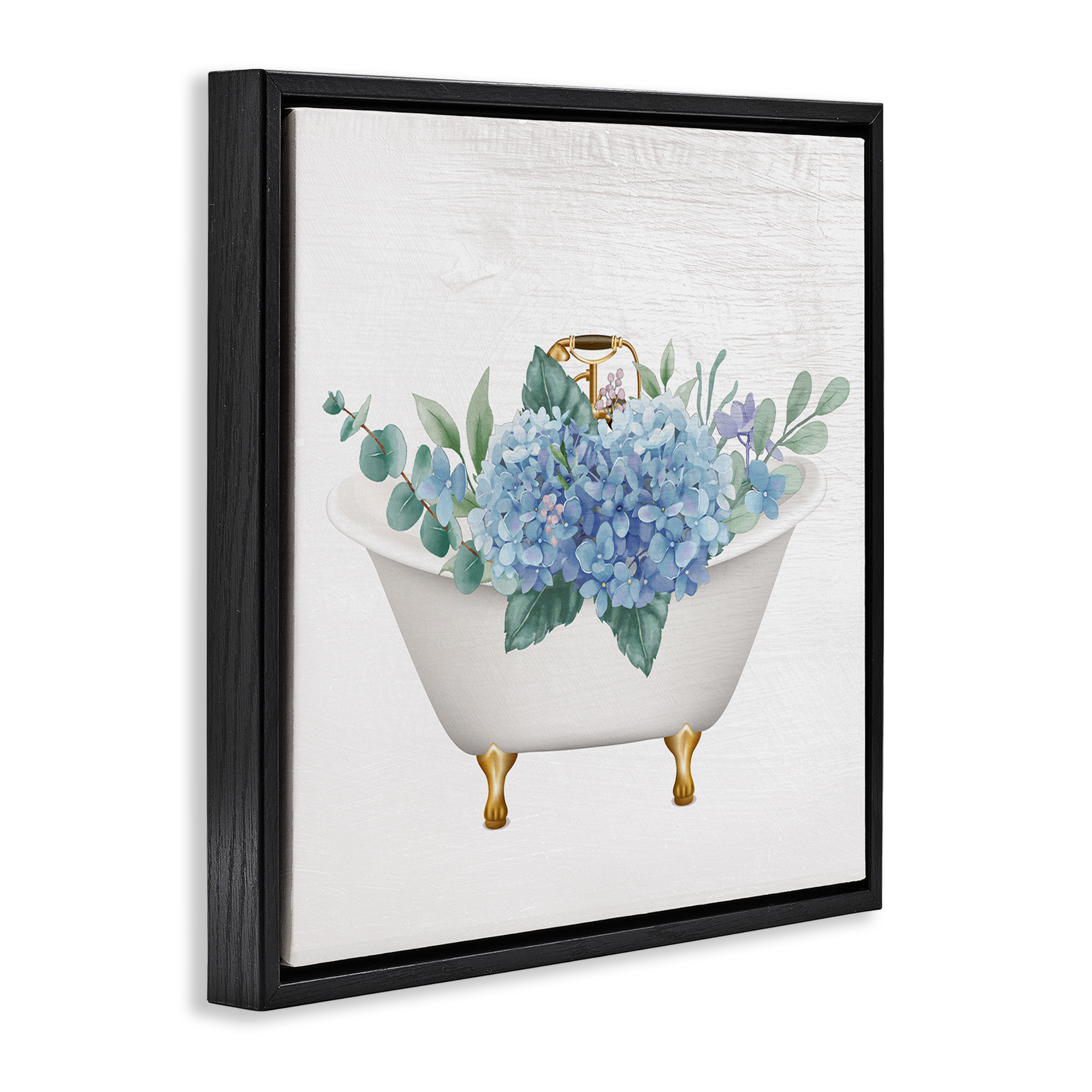 Stupell Industries Chic Bathtub with Hydrangea Blossoms Botanical & Floral Painting Black Floater Framed Canvas Art Print Wall Art, 25 x 25