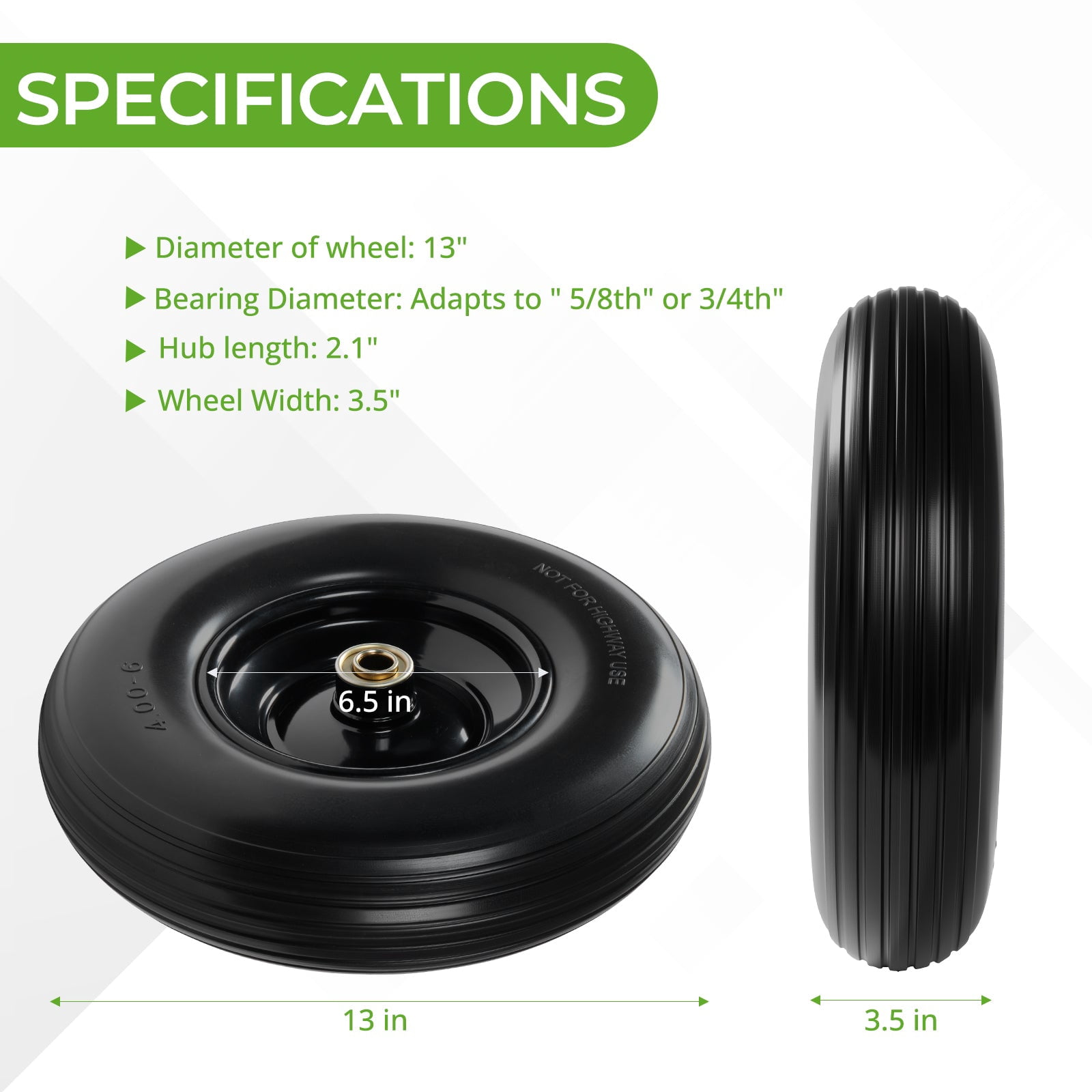 Backyard Expressions 13-Inch Flat-Free PU Tire 2-Pack – Solid PU Replacement Wheels with 5/8" & 3/4" Bearings, Spacer Kit & Steel Hubs for Wheelbarrows, Garden Carts, Wagons, Hand Trucks & More