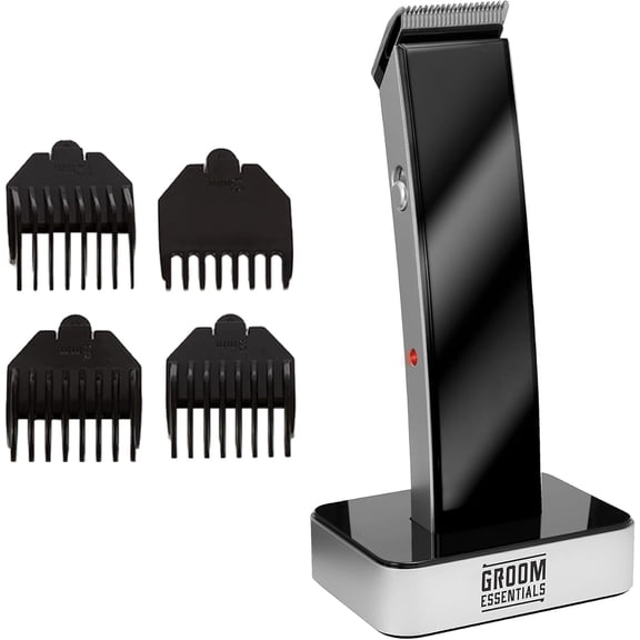 Groom Essentials Hair & Beard Trimmer for Men, Cordless Hair Trimmer w/ Charging Base, Black/Silver