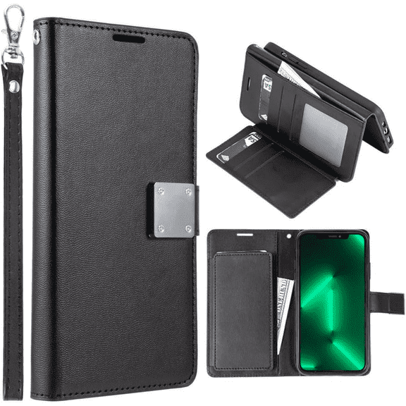 Entronix Wallet Case Compatible with iPhone 15, Book Style with Lanyard, Black
