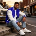 thumbnail image 4 of Delconic Mens Fleece Varsity Jacket Casual Knit Stand Collar Snap Front Baseball Style Outerwear Ribbed Trim Regular Fit Blue L, 4 of 9