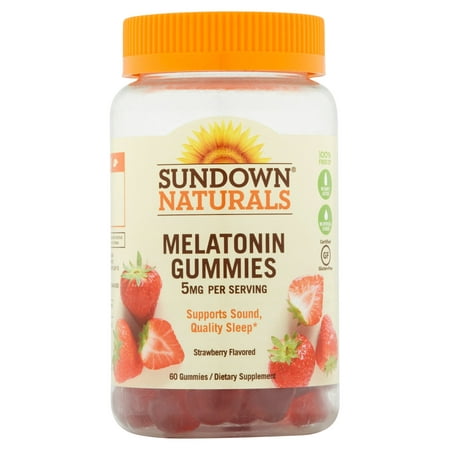 Sundown Naturals Mélatonine Complément alimentaire Fraise Saveur jujubes sans gluten, 5mg, 60 count
