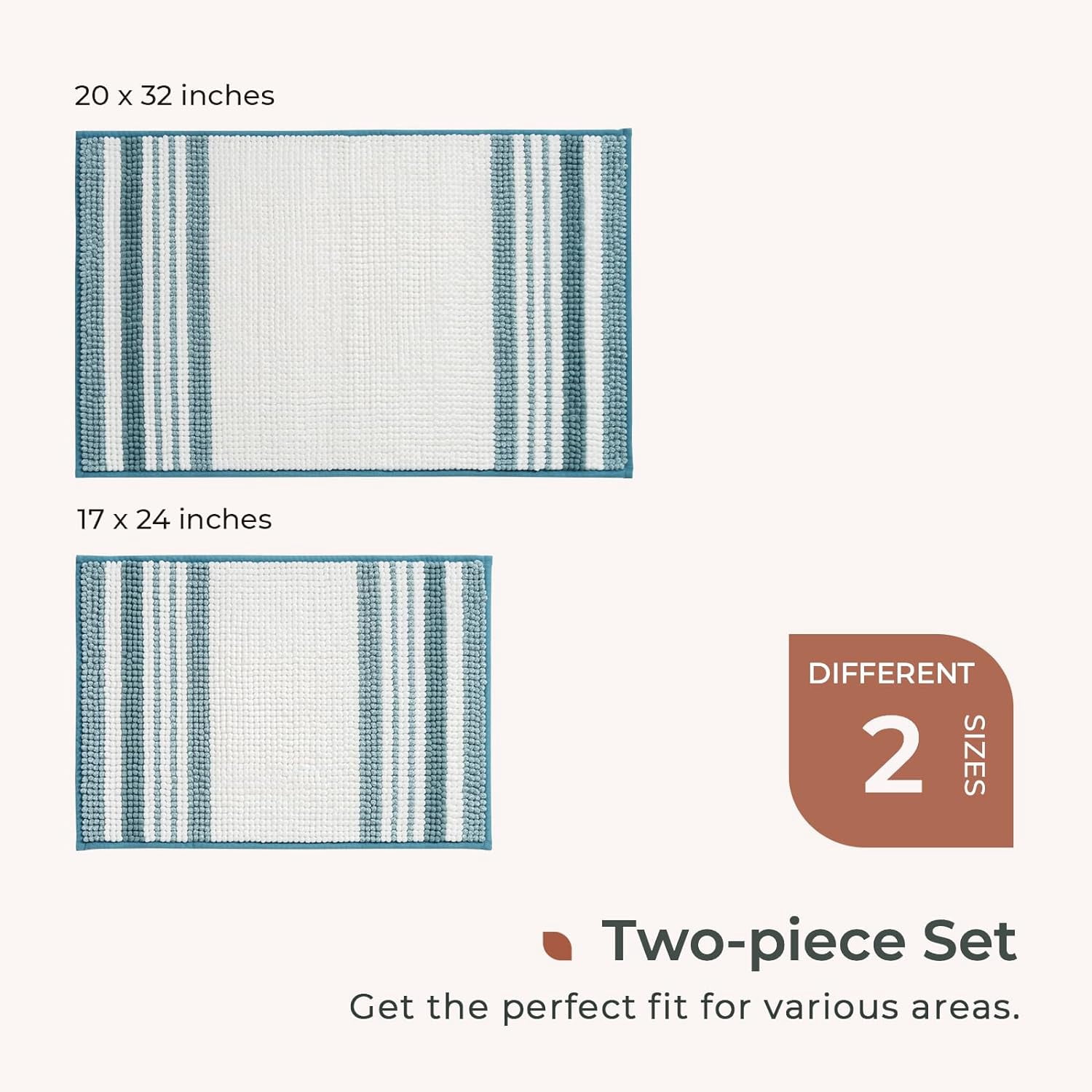 Stripe Chenille Bathroom Rugs Sets 2 Piece 17"x24"+20"x32", Soft Bath Mats for Bathroom Floor Non-Slip, Washable Bath Rugs Set, Water Absorbent Shower Floor Mat, Aqua Blue and White