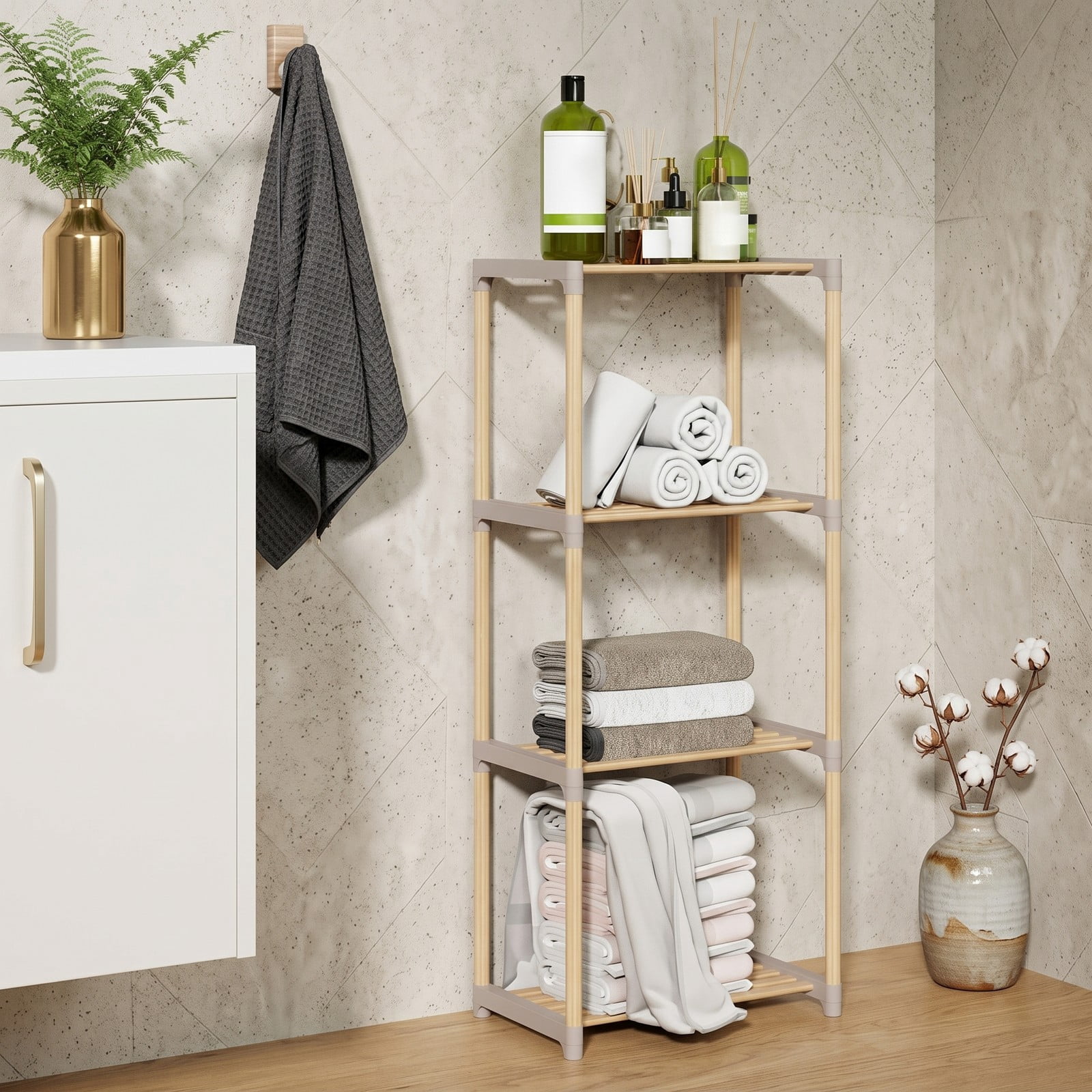 Furnibear 4-Tier Bookshelf Open Wood Bookcase Storage Shelf Organizer for Home Office Living Room Bathroom, Natural and Gray