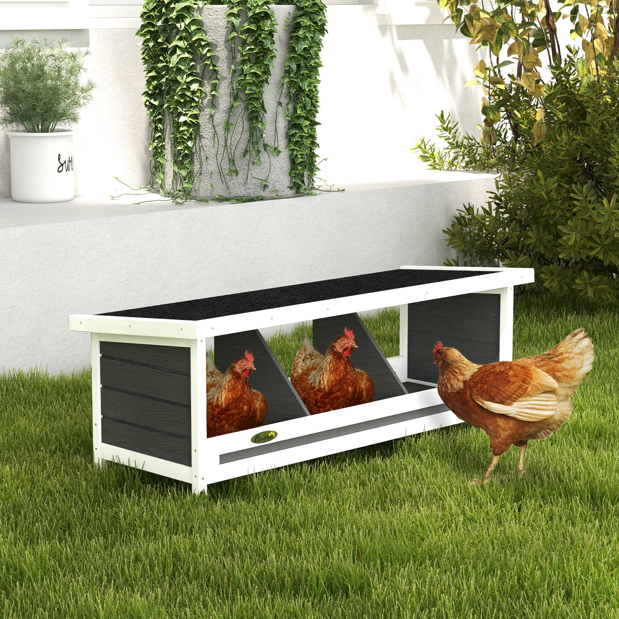 Wooden 3-Hole Chicken Nesting Box with Asphalt Roof, Gray, for Up to 3 Hens, Indoor & Outdoor Use
