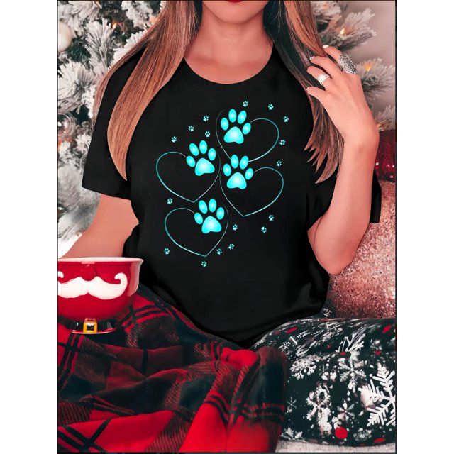 Women's Casual White T-Shirt with Blue Paw Print Heart Design - Round Neck, Short Sleeve, Comfortable Polyester Blend, Ideal for Casual Attire, Everyday Tshirt|Trendy Apparel|Knit Fabric