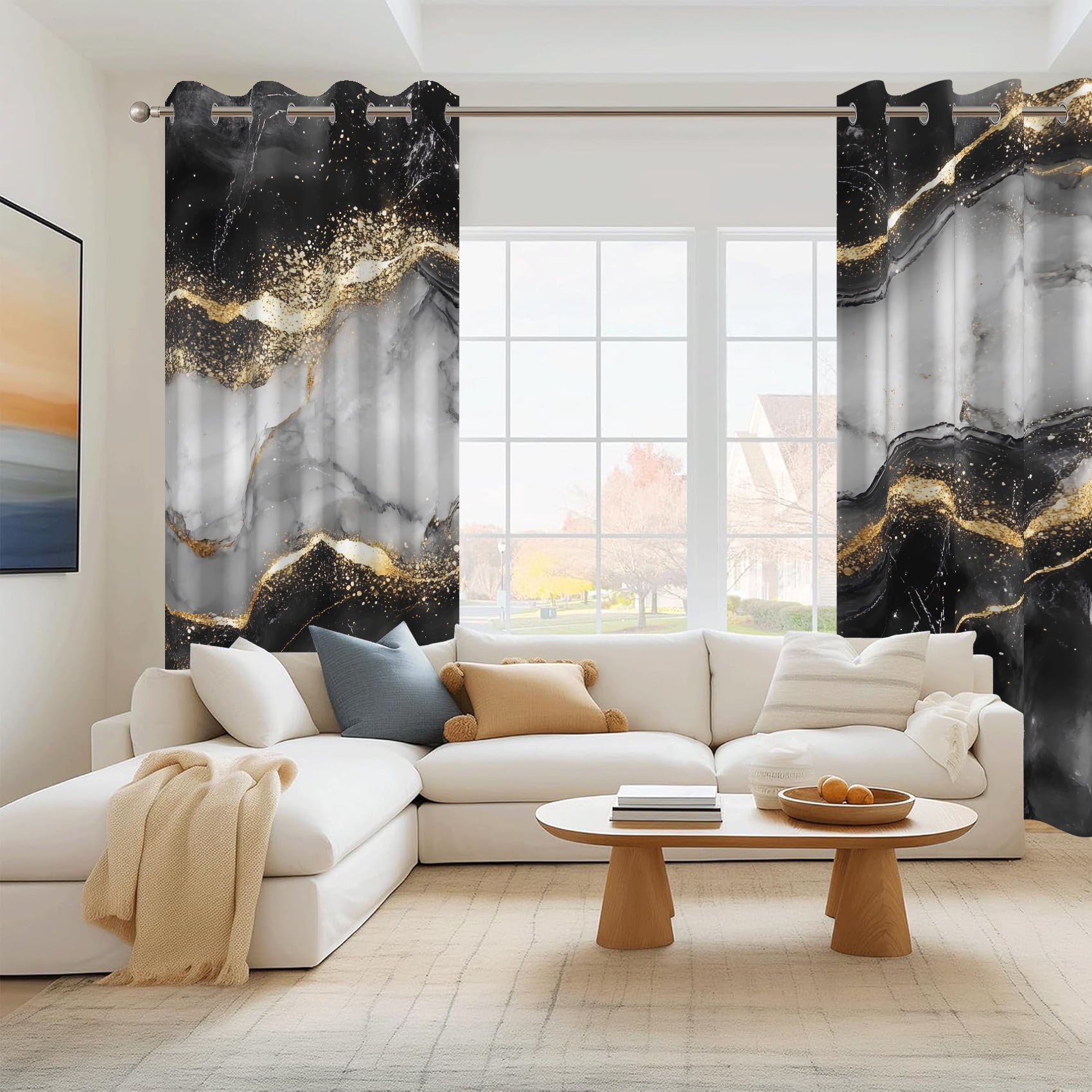 2 Panels Black Gold Marble Blackout Curtain for Bedroom,Luxury Grommet Window Drapes for Living Room,52x84 Inch