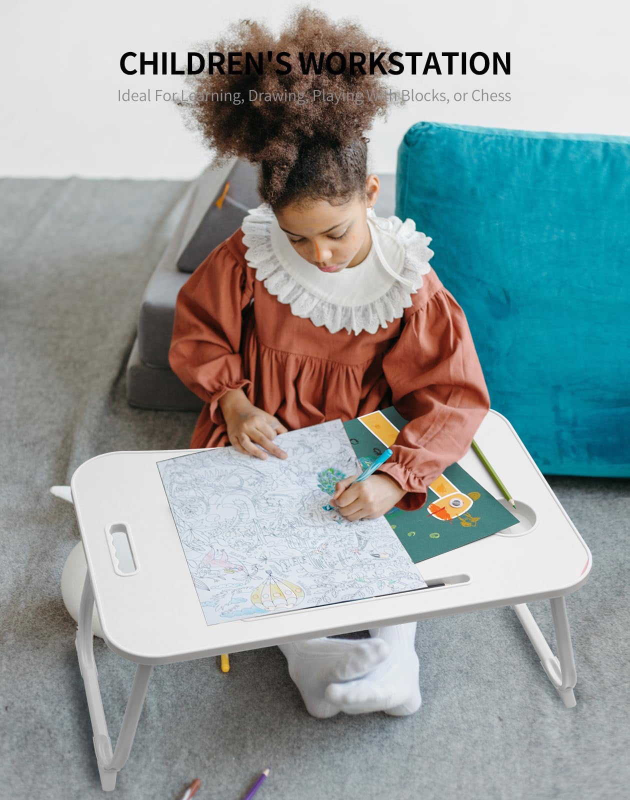 Laptop Bed Desk  Foldable Lap Portable Table Stand With Cup Holder & Tablet Slot Lifting Handle For Working Writing Drawing Eating - White