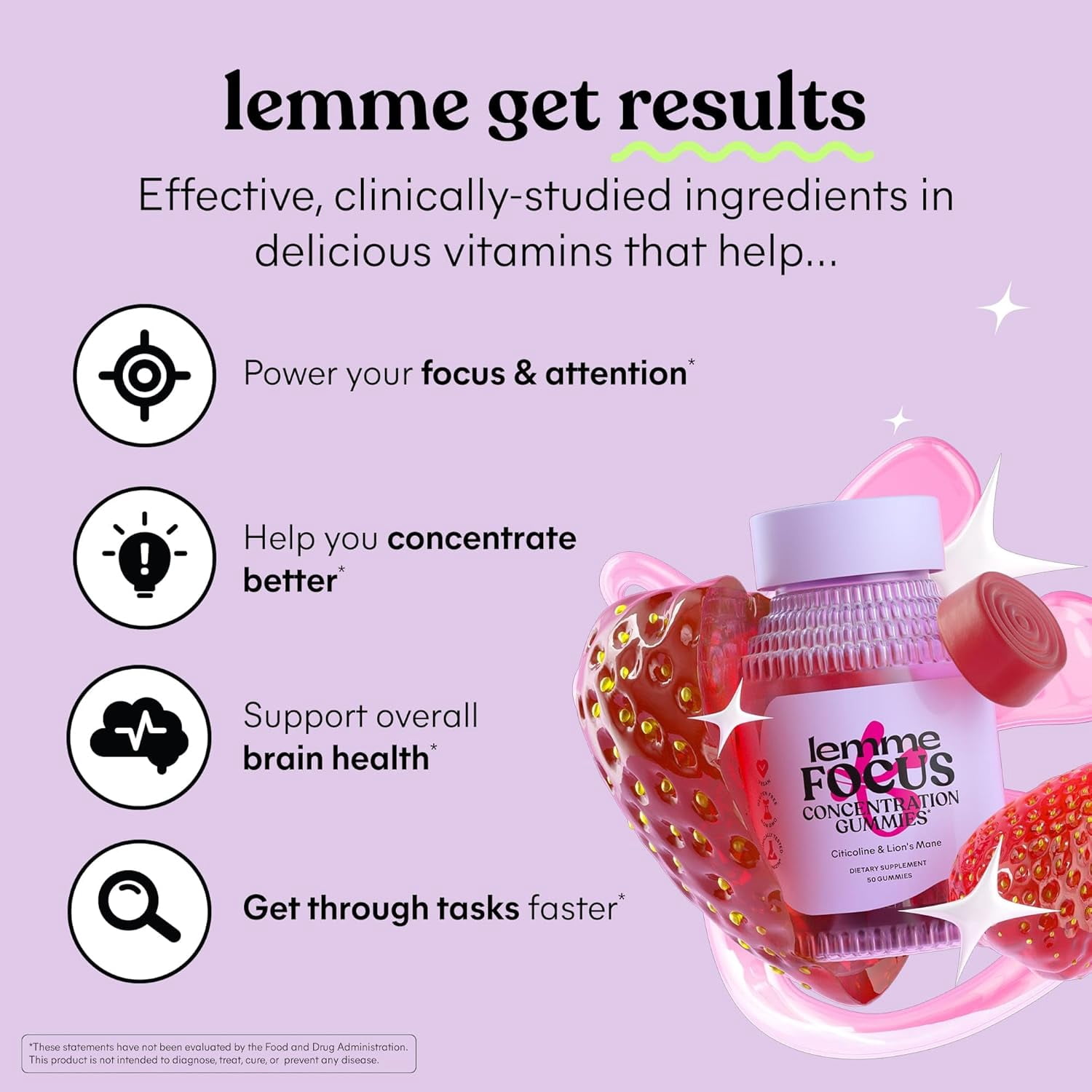 Lemme Focus Concentration & Brain Health Gummies with Cognizin Citicoline, Lion's Mane Mushroom, Vitamin B12, Caffeine Free, Strawberry - 50 Count