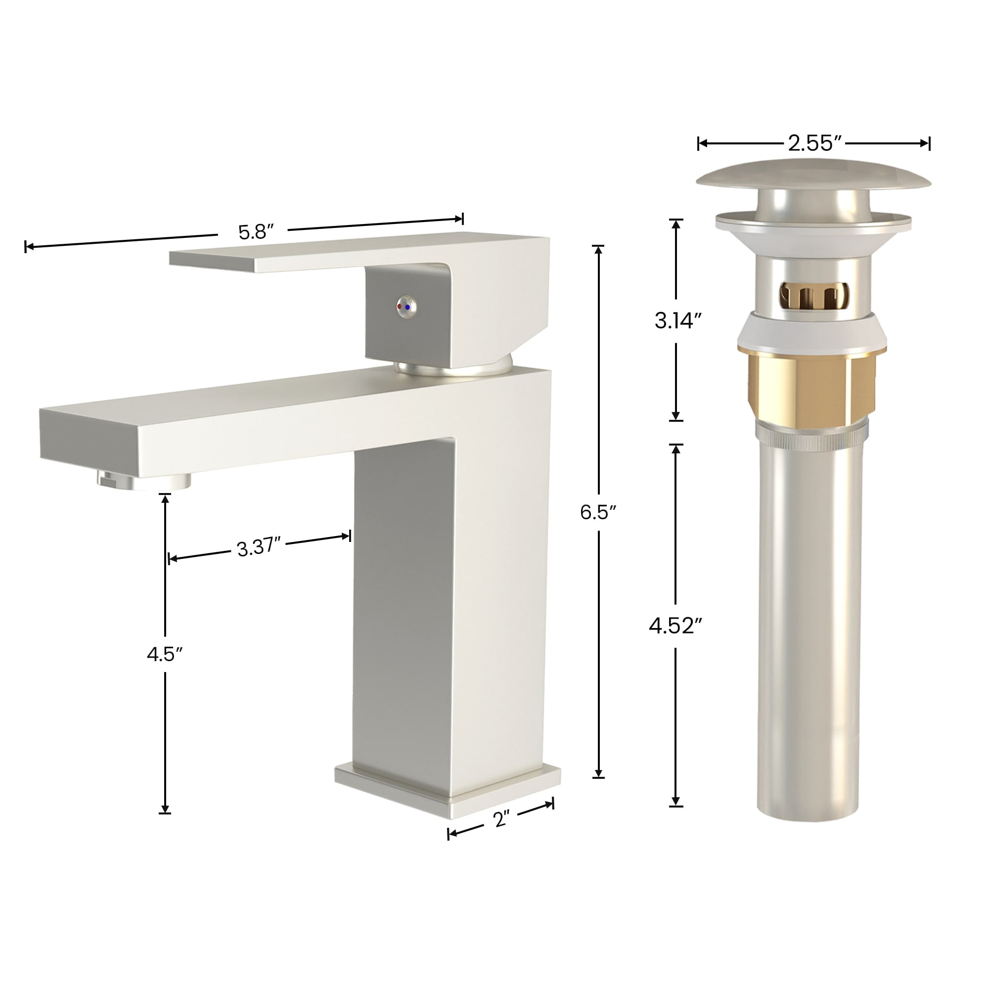 Ayna Decors Bathroom Sink Faucet Single Hole, Brass Single Handle Vanity Faucet with Pop Up Drain Stopper and Water Faucet Supply Lines (Brushed Nickel)