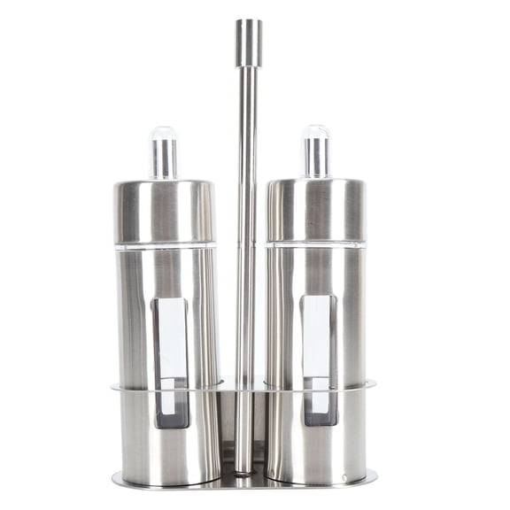 BIMZUC 80ml Stainless Steel Oil & Vinegar Cruet Set with Transparent Window, Dispenser, Spout, Base Stand – Elegant Kitchen Accessory