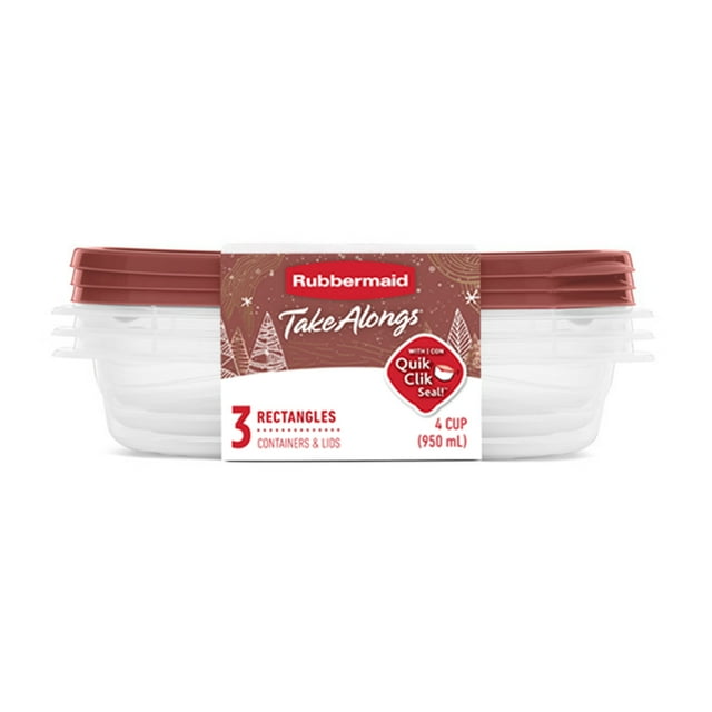 Rubbermaid TakeAlongs 4-Cup Food Storage Containers, Meal Prep Containers with Lids, Limited-Edition Maple Leaf Red, 3-Pack showing three clear rectangular containers stacked with ridged red lids featuring QuikClik Seal, BPA-free plastic, microwave-safe bases, and 950 ml capacity, suitable for meal prep and kitchen storage.