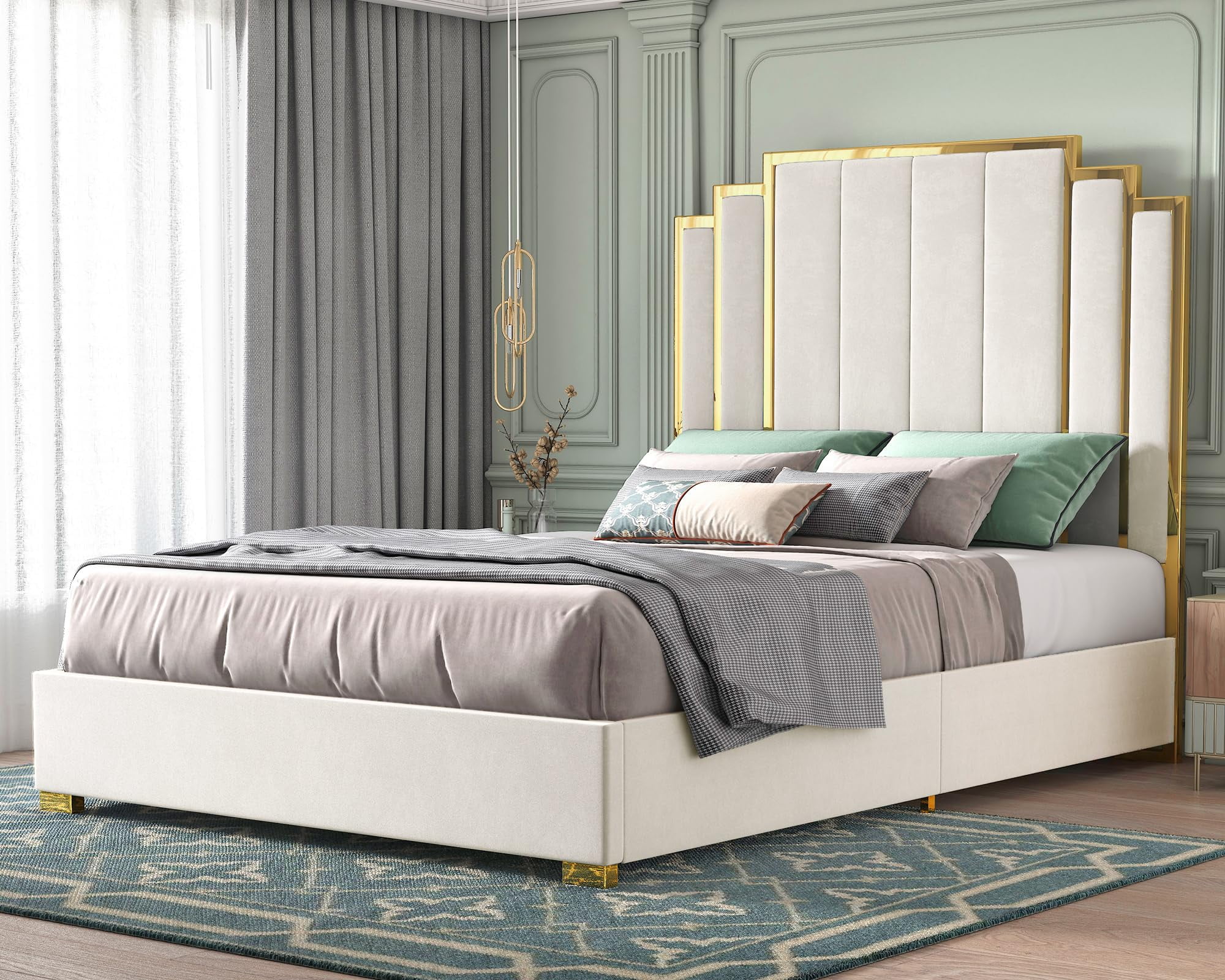 VanAcc Queen Size Bed Frame and 61" Headboard, Upholstered Bed with Golden Plating Trim, Cream