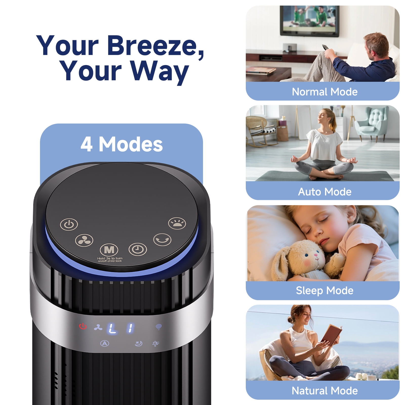 JIOABL Bladeless Tower Fan: 5 Speed Settings, 4 Modes, 25Ft/s Breeze, & Customizable Timer for Peaceful Sleep & Optimal Airflow, Black