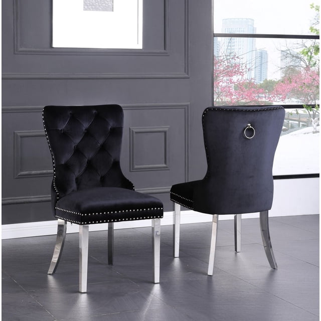 CHAISES K-LIVING MYRA EN VELOURS TOUFFETÉ DE COULEUR NOIRE AVEC PIEDS EN ACIER INOXYDABLE ET POIGNÉE ARRIÈRE ROBUSTE (2 CHAISES)