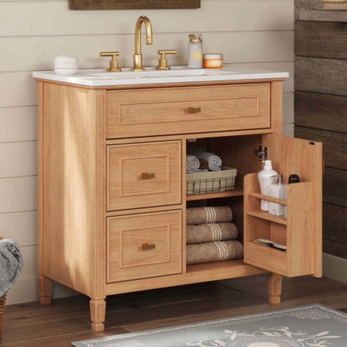30" Bathroom Vanity with Sink, Modern Bathroom Cabinet with Ceramic Undermount Sink, Solid Wood & MDF Storage Cabinet with Flip Drawer, Adjustable Shelf, Natural