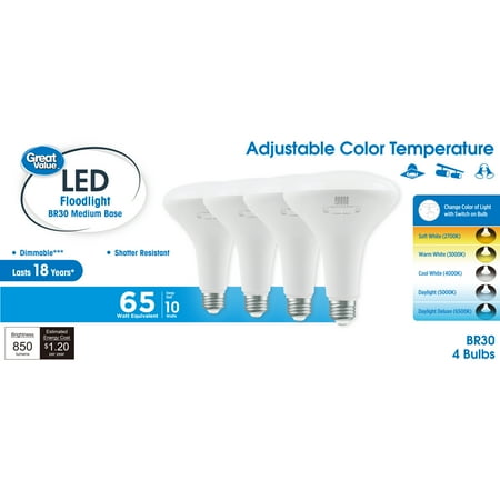 Great Value 5 ACT LED Floodlight Bulb, 10W(65W Equivalent) BR30 with E26 Medium Base Dimmable 4PK